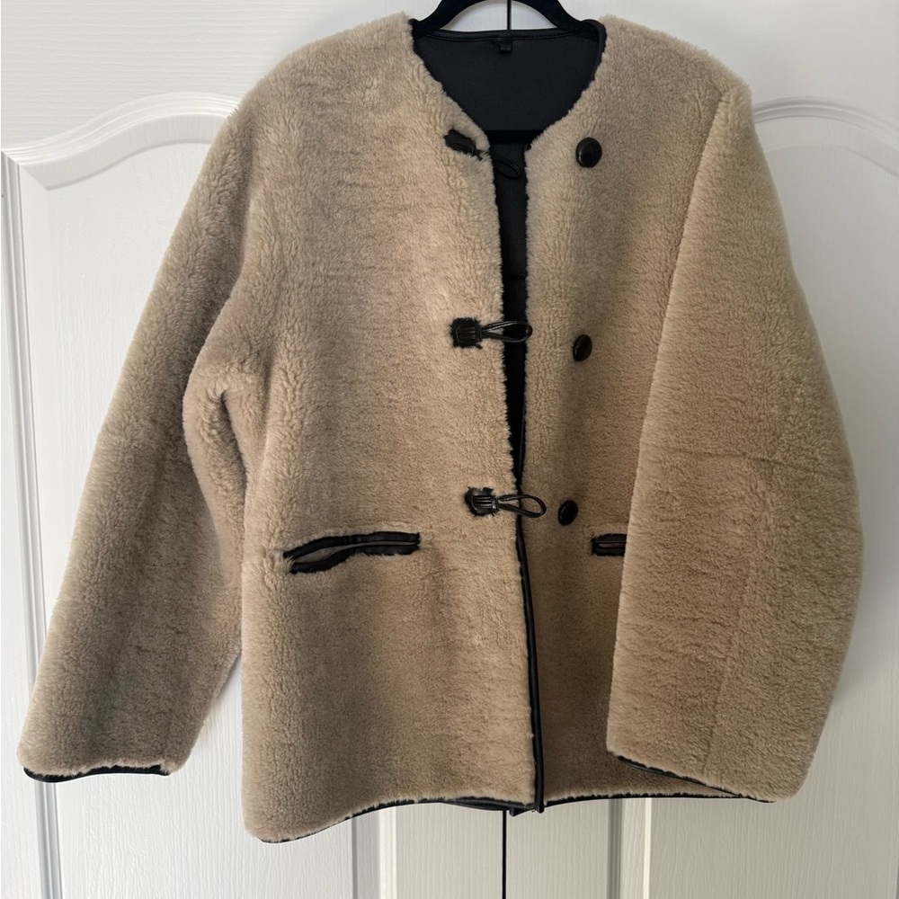 Mango Beige Teddy Jacket with Black Accents